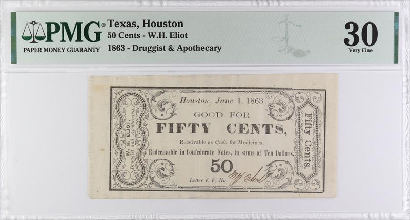 1863  Houston, Texas - 50 Cents, Druggist  & Apothecary PMG VF 30