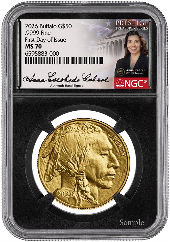 2026 $50 1oz. American Gold Buffalo, 20th Anniversary, FDI, MS70, NGC, Anna Cabral
