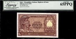 ITALY REPUBBLICA ITALIANA BIGLIETTO DI STATO 100 LIRE 31.12.1951 GEM NEW 65PPQ 
