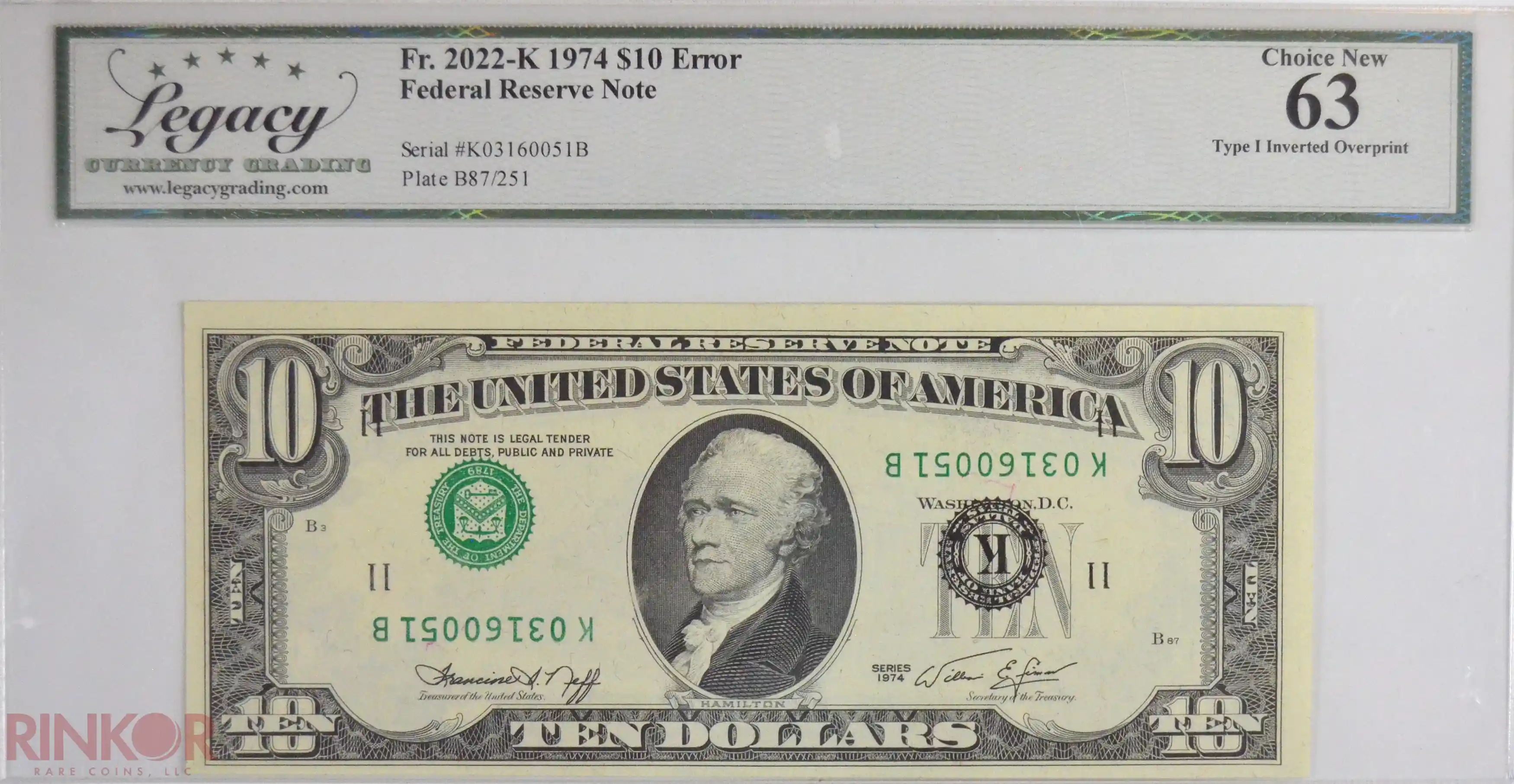 1974 $10 Fr. 2022-K Error Federal Reserve Note Type 1 Inverted Overprint LCG CU 63