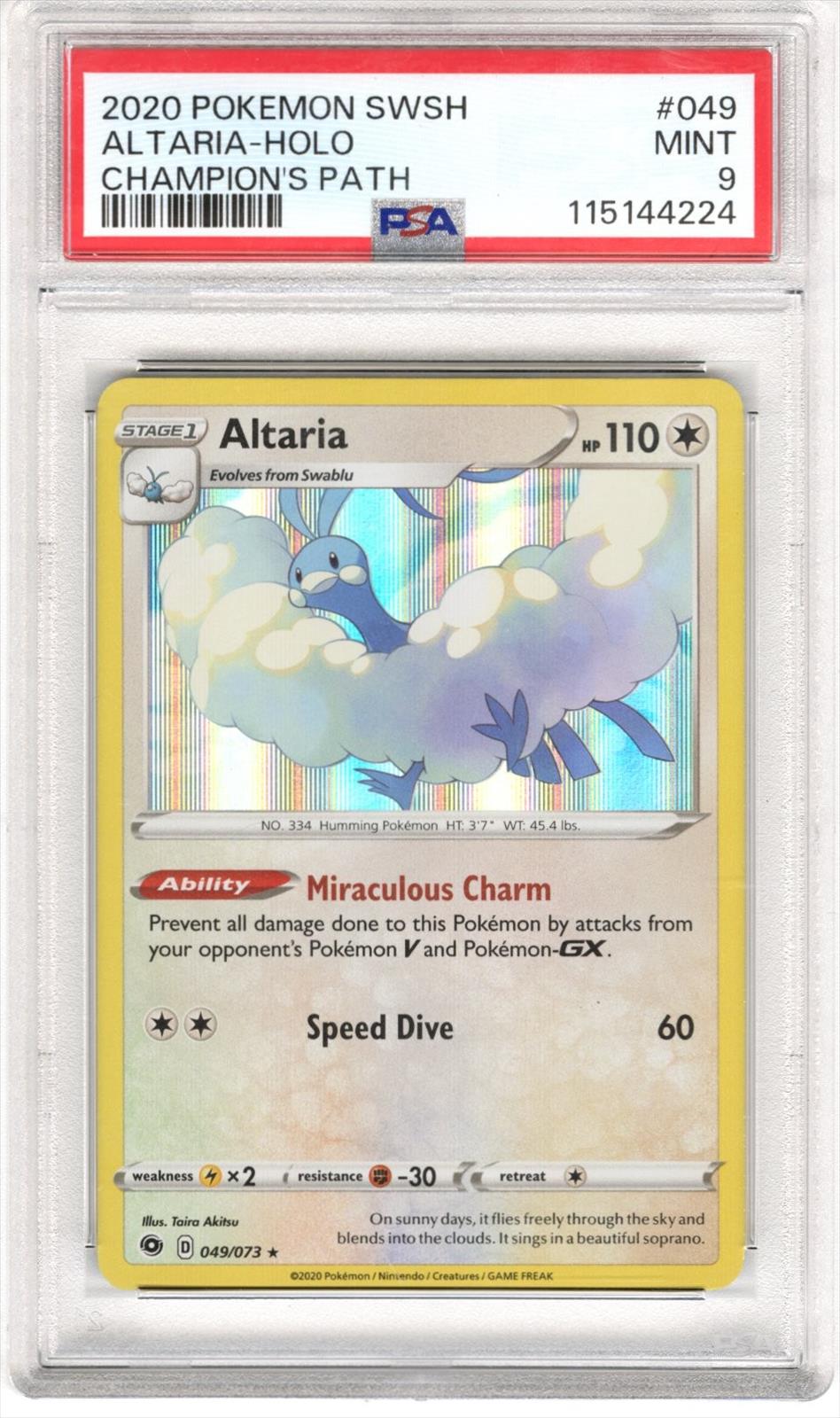 2020 Pokemon SWSH Champions Path Altaria Holo #049 PSA MINT 9 