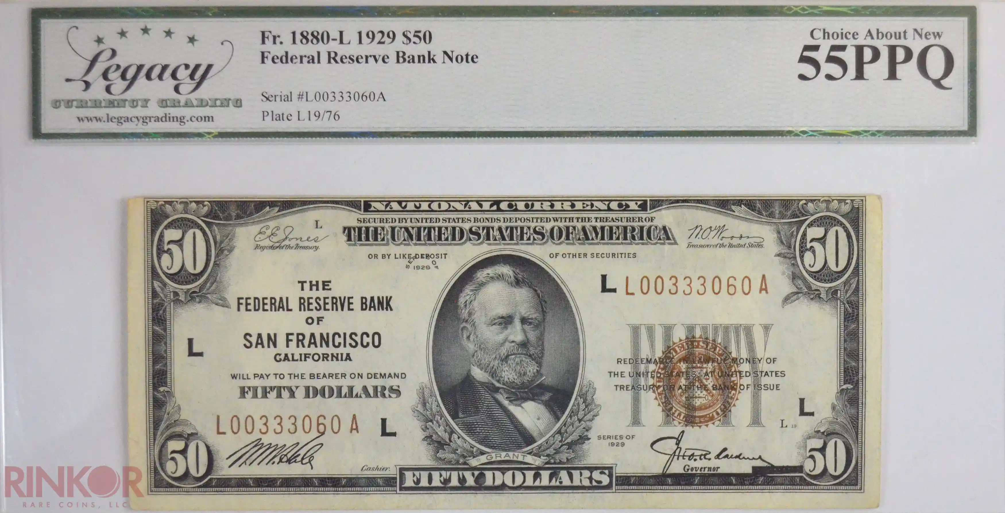 1929 $50 Fr. 1880-L Federal Reserve Bank Note LCG AU-55 PPQ
