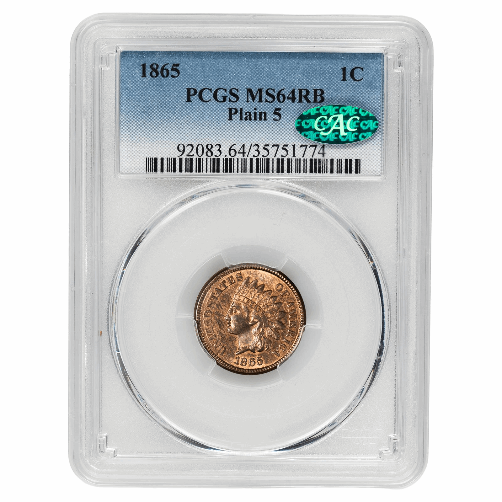 1865 Indian Head Cent 1C Plain 5 PCGS MS 64 RB CAC