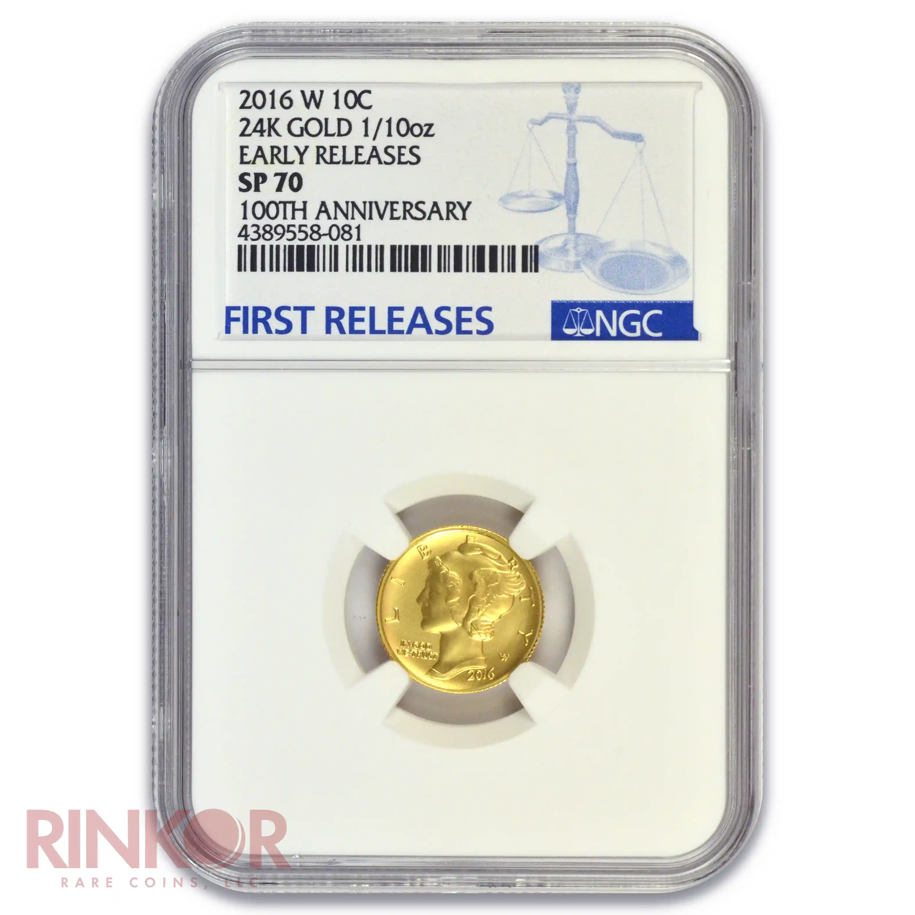 2016-W Gold 1/10thoz Mercury Dime 100th Anniversary Early Releases Blue Label NGC SP 70