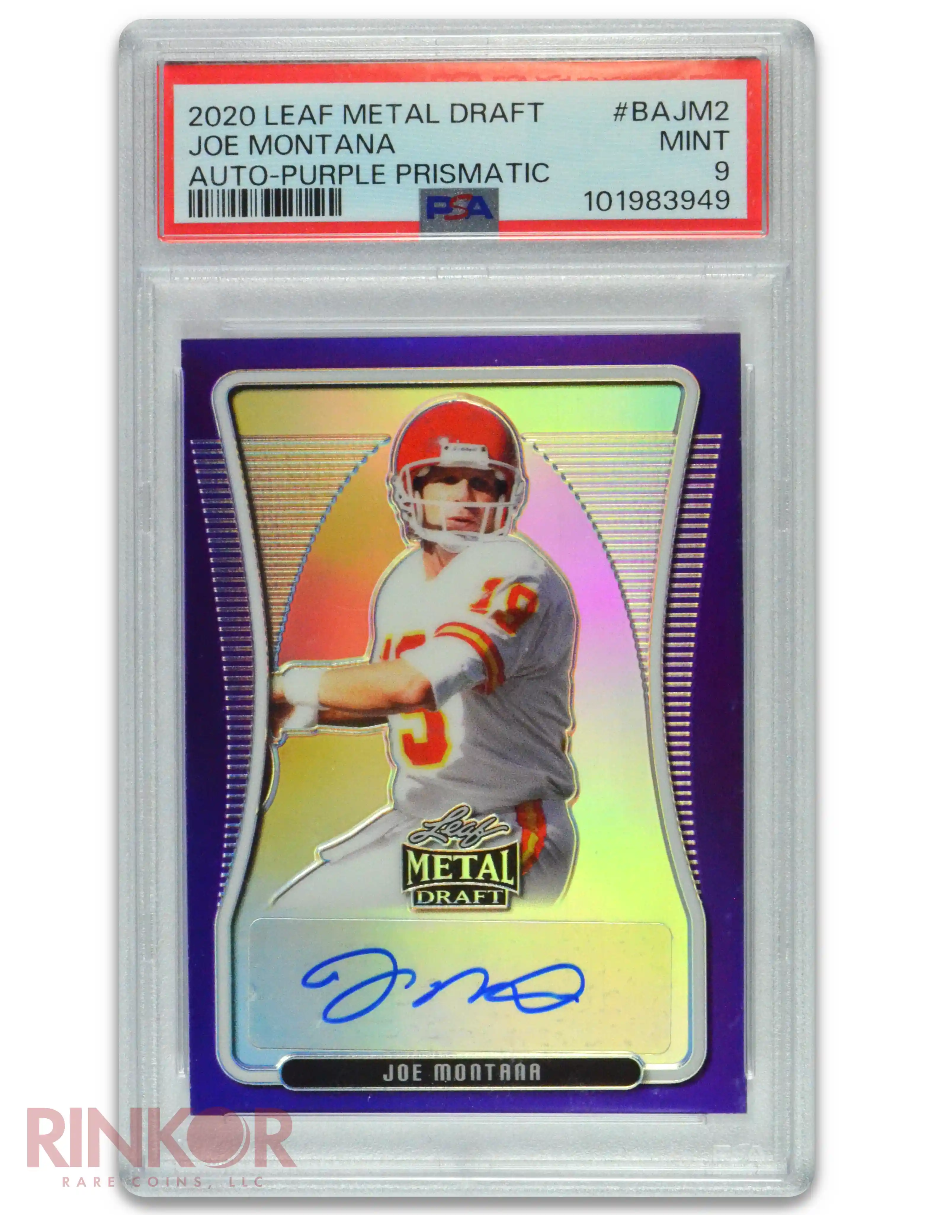 2020 Leaf Metal Draft Purple Prismatic Joe Montana Auto /20 PSA MINT 9