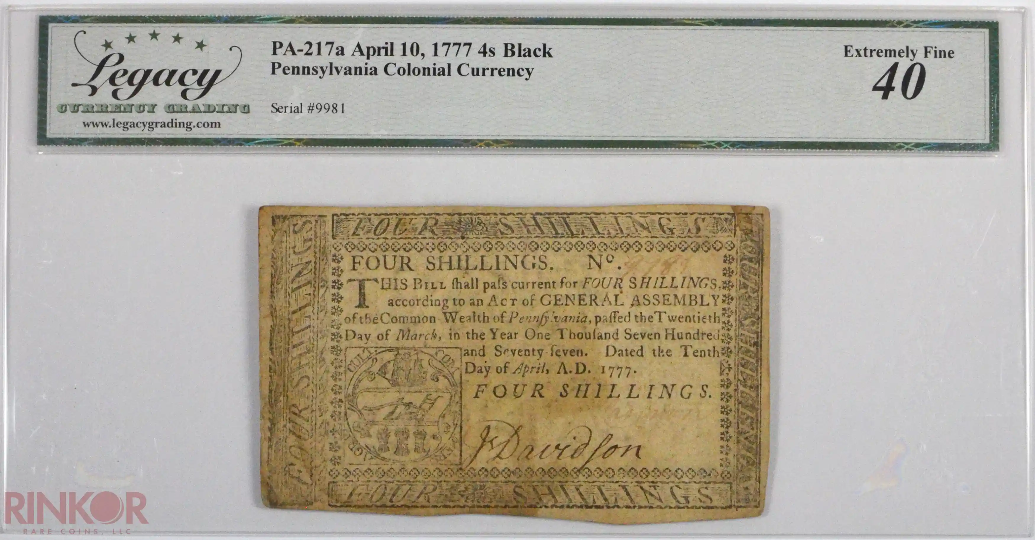 April 10, 1777 4s Black PA-217a Pennsylvania Colonial Currency LCG XF-40