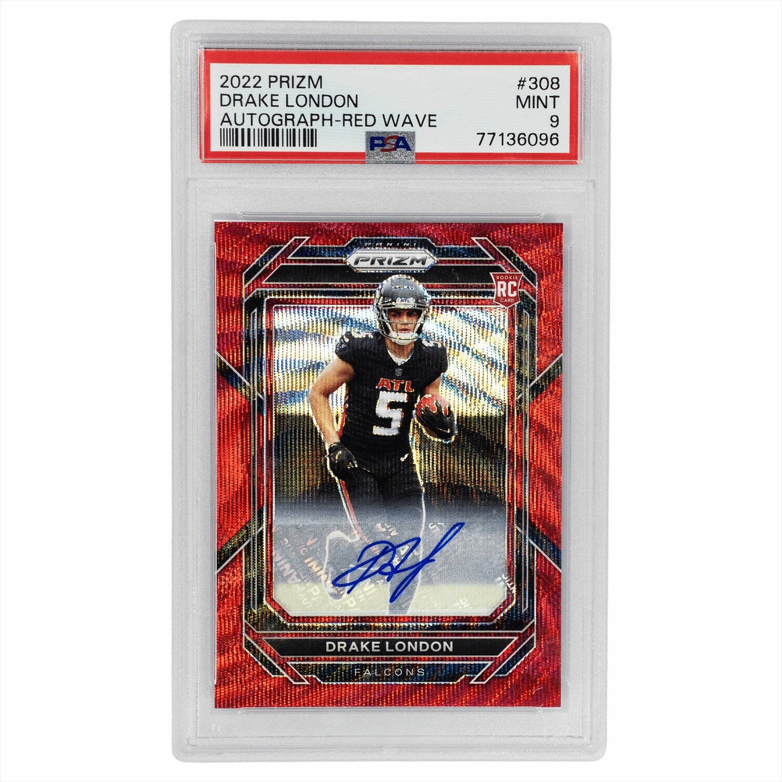 2022 Prizm Drake London Autograph - Red Wave #308 PSA MINT 9