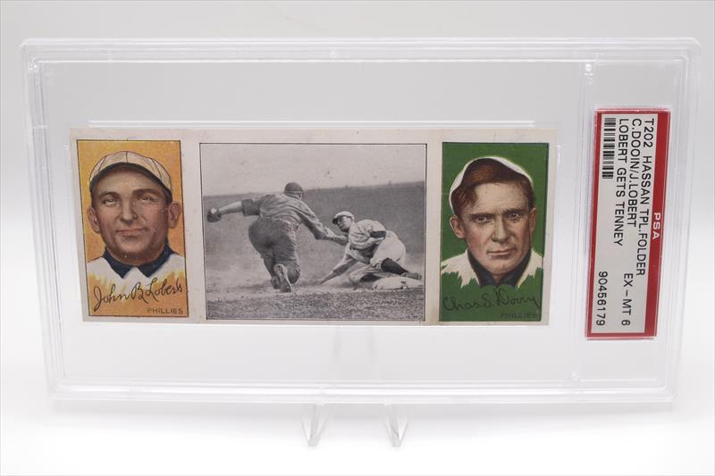 1912 T202 Hassan Triple Folder DOOIN/LOBERT - Lobert Gets Tenny - PSA EX-MT 6