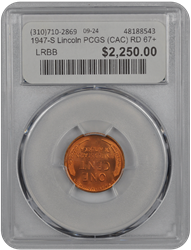 1947-S Lincoln PCGS (CAC) RD 67+ 