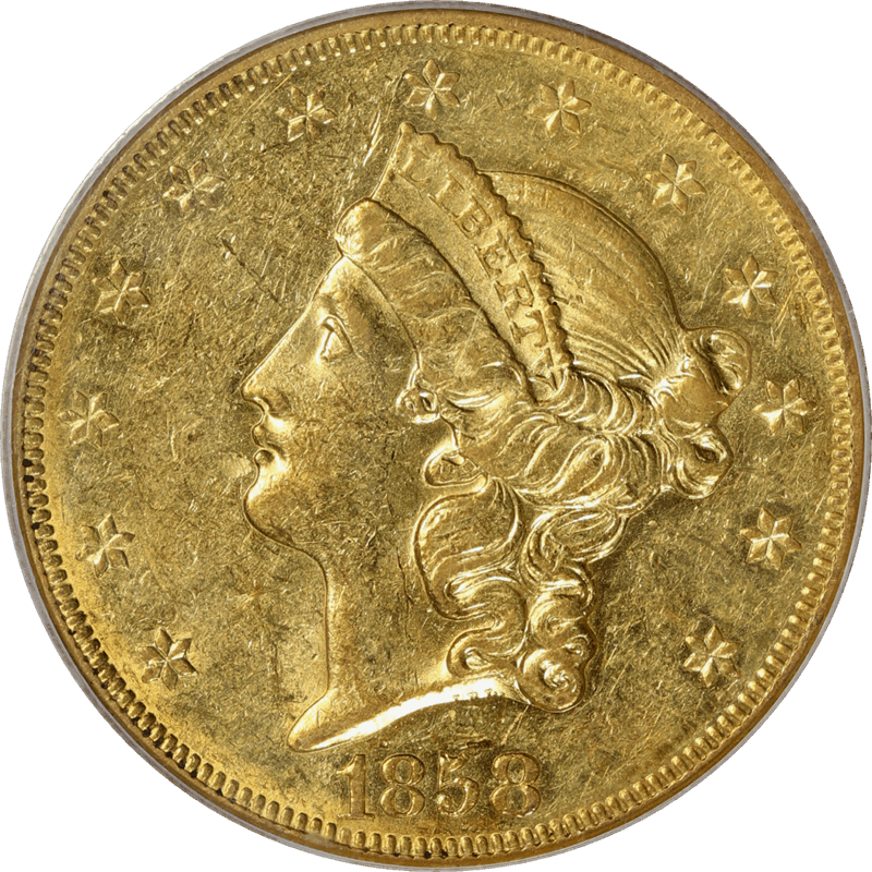 1858-O Liberty Head $20, PCGS AU55 - Nice Original Coin, Low Mintage