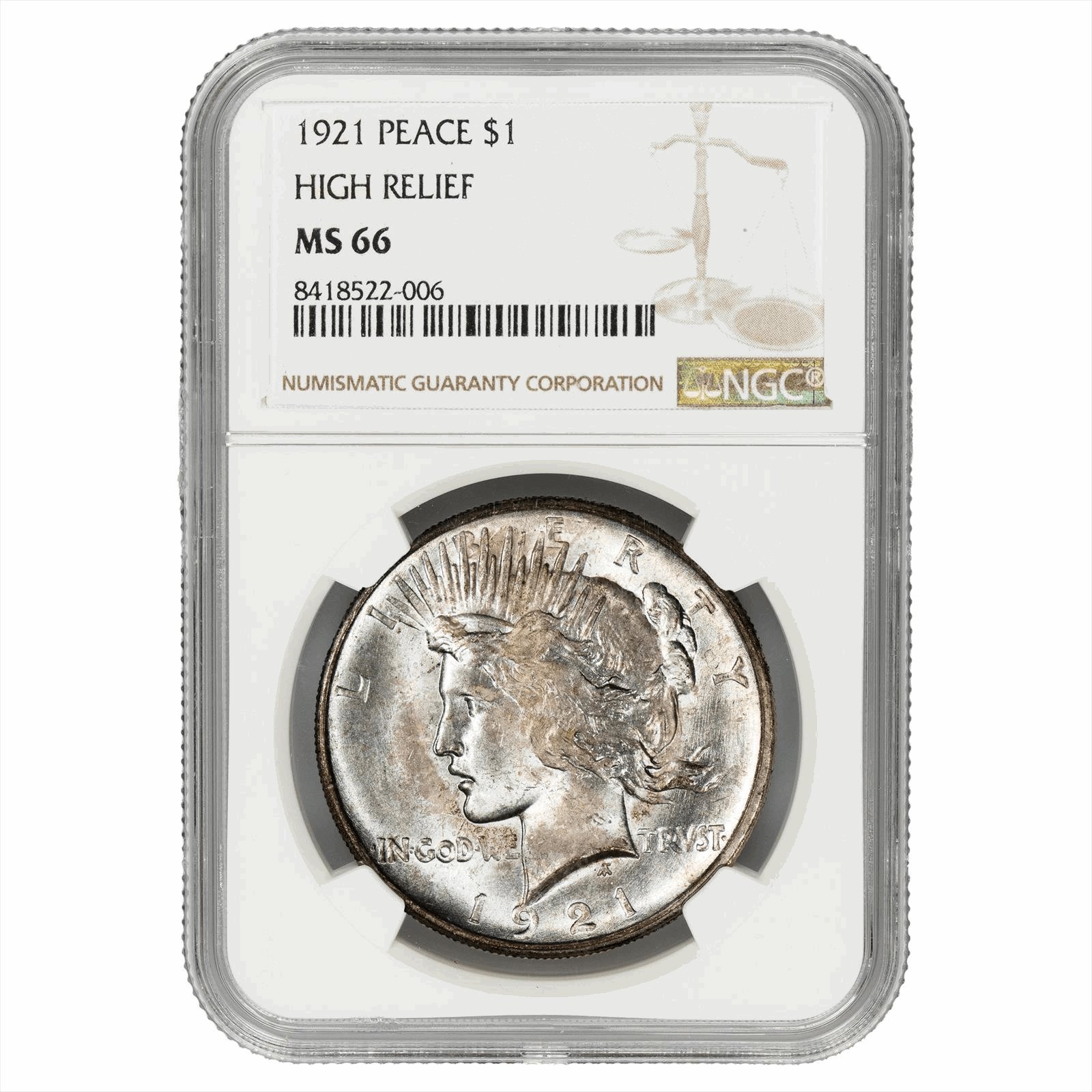1921 High Relief Silver Peace Dollar $1 NGC MS 66