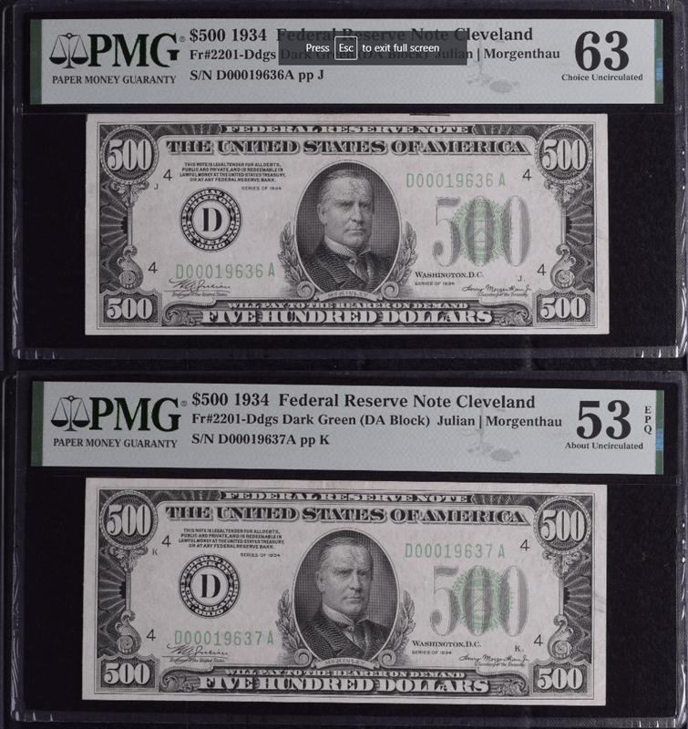 Fr. 2201-Gdgs Two Consecutive 1934 $500 Dark Green Cleveland PMG 63 & 53 EPQ 