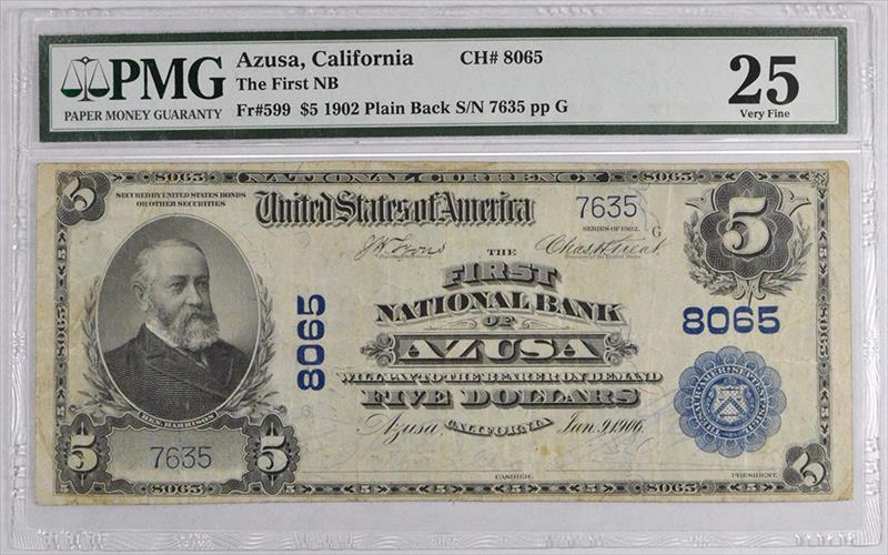 1902 Plain Back $5 Fr. 599 Charter #8065 PMG VF-25