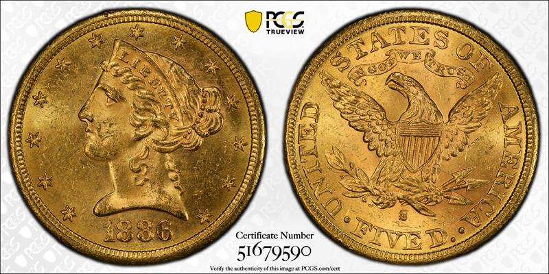 1886-S $5 PCGS MS 63+ CAC
