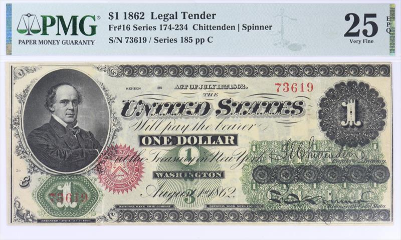 Fr. 16 1862 Legal Tender Series 174-234 $1 PMG VF25 EPQ 