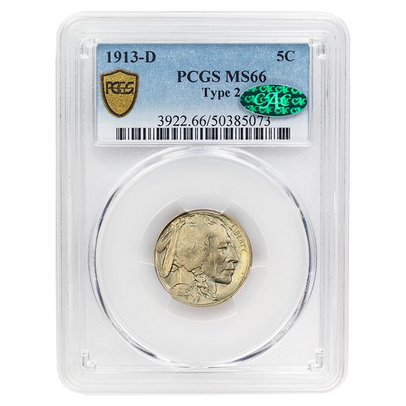 1913-D Type 2 Buffalo Nickel, 5C PCGS  MS 66, CAC Certified - Nice Original Coin