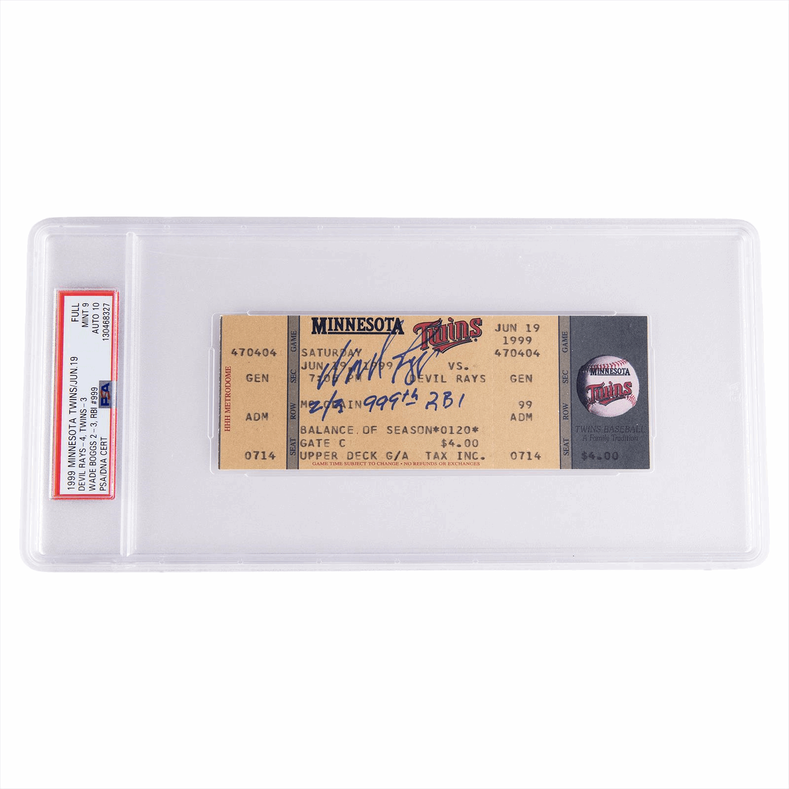 1999 Minnesota Twins/June 19 Devil Rays-4 Twins-3 Wade Boggs #999 PSA Full Mint 9 Auto 10