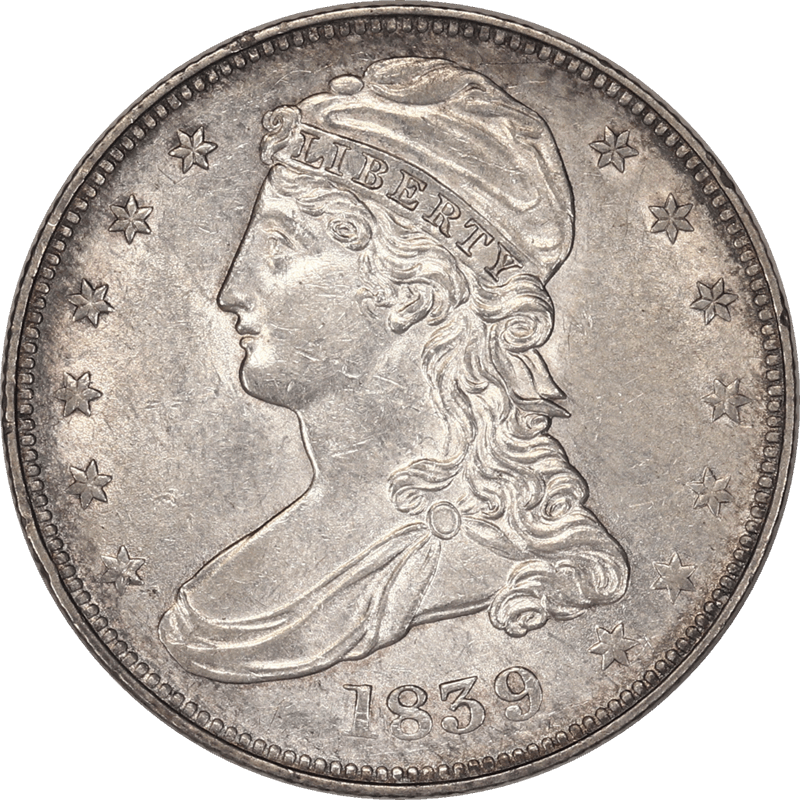 1839 Capped Bust Half Dollar, 50c Circulated Almost Uncirculated - Lustrous