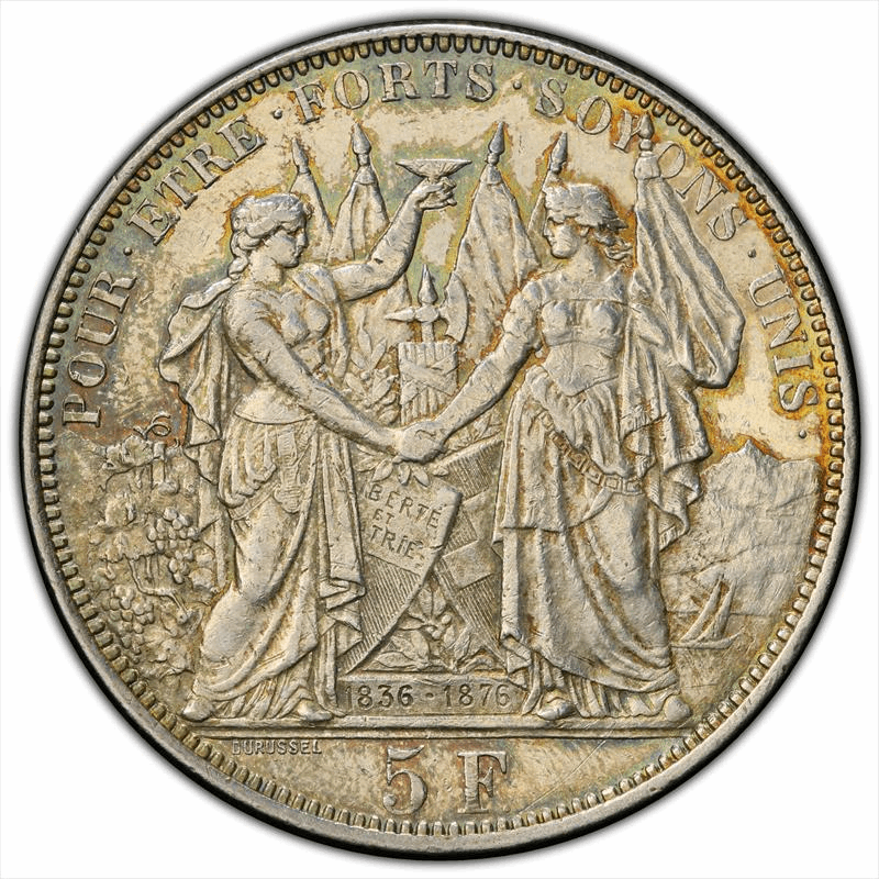 1876 Switzerland 5 Fr PCGS AU55 