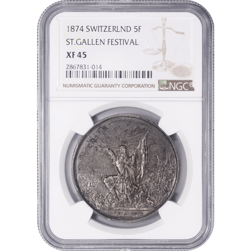 Switzerland 1874 5 Francs Silver St Gallen Festival NGC XF 45 Swiss Shooting Medal