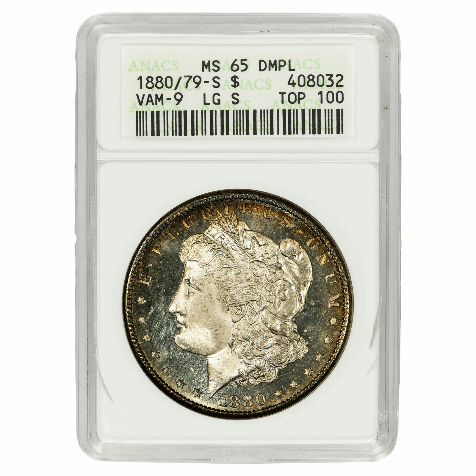 1880/79S VAM9 Large S Morgan Silver Dollar $1 ANACS  MS 65 DMPL Soapbox Holder