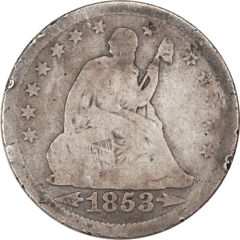 1853 Arrows & Rays, Seated Liberty Quarter, 25c Circulated AG - Details - Filler