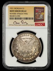 1921 Morgan $1 Mint Error Reverse Struck Thru Bill Fivaz Signature Label NGC MS 62