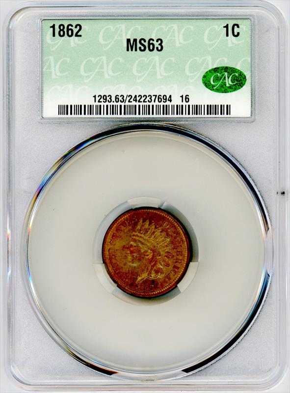 1862 Indian Head Cent 1c, CACG MS-63 - Nice Original Coin