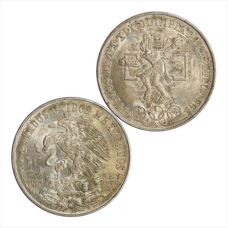 1968 Mexico Silver 25 Pesos Olympics AU-BU  