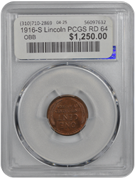 1916-S Lincoln PCGS RD 64