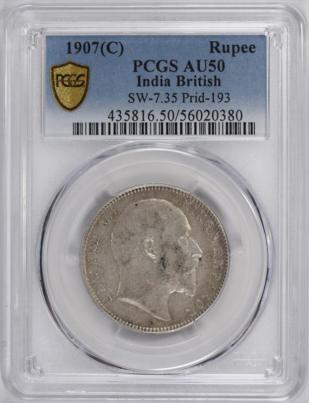 1907(C) India British SW-7.35 Prid-193 Rupee PCGS AU50 