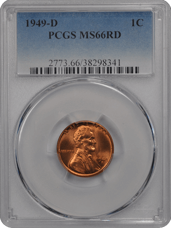 1949-D 1C Lincoln Cent - Type 1 Wheat Reverse PCGS RD #3457-13 MS66