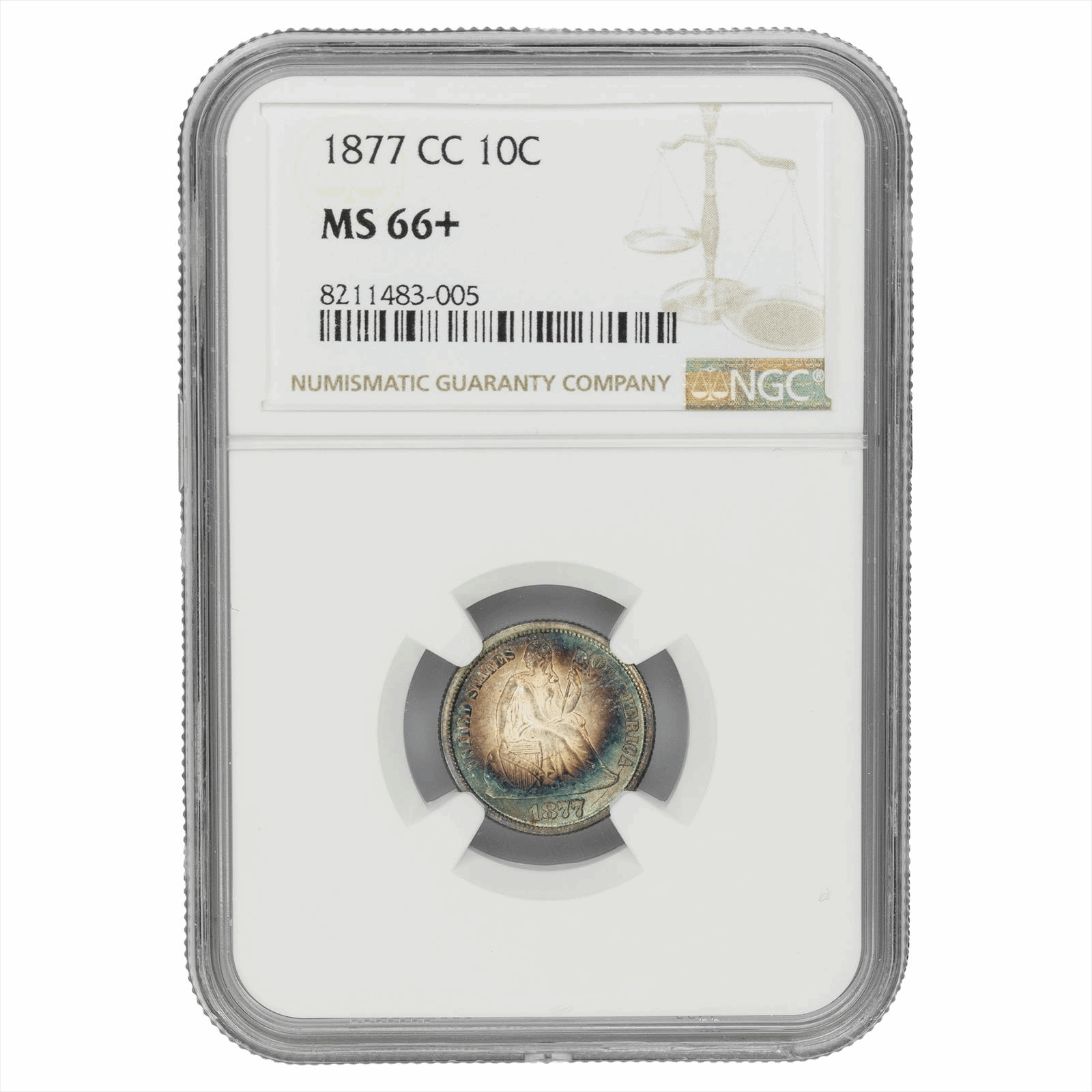 1877-CC Seated Liberty Dime 10C NGC MS 66+ Toned