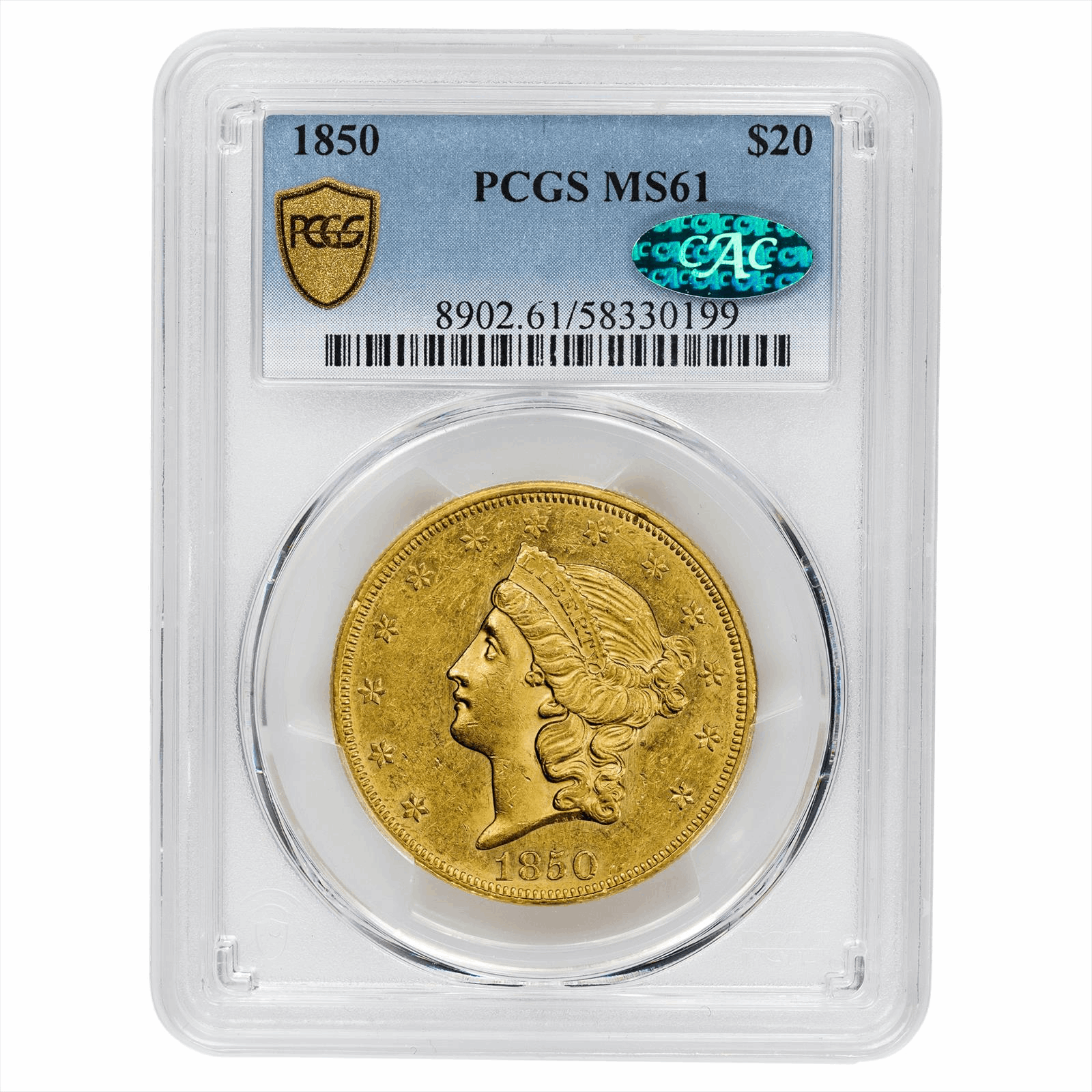 1850 Liberty Head Gold Piece $20, PCGS MS 61 CAC - Scarce at This Grade Level