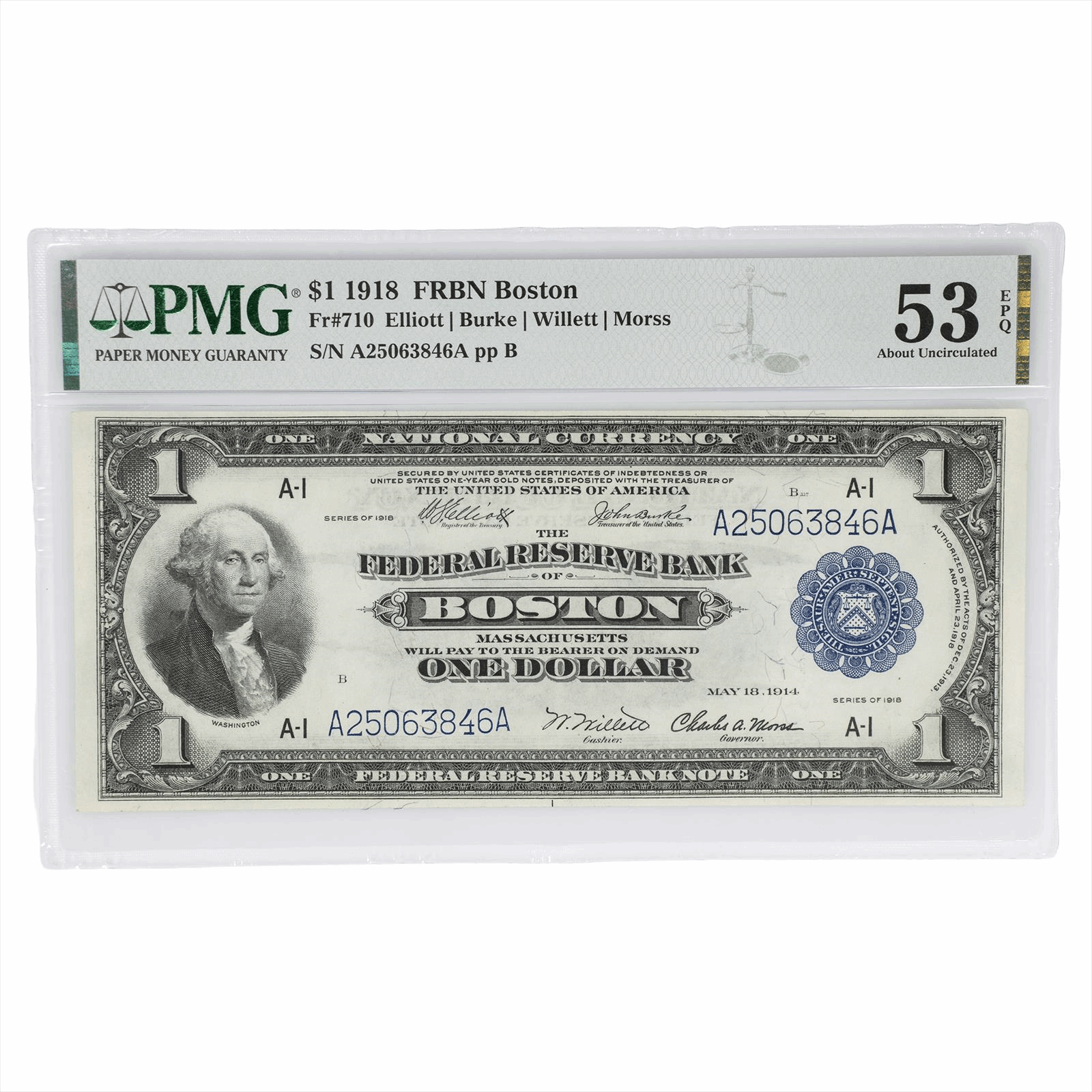 1918 $1 Federal Reserve Bank Note Fr#710 A25063846A PMG 53 EPQ