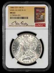 1886 $1 VAM-1A Line in 6 Top 100 Bill Fivaz Signature Label NGC MS 63