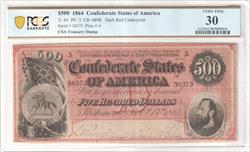 T-64 Dark Red Confederate States $500 PCGS VF30 