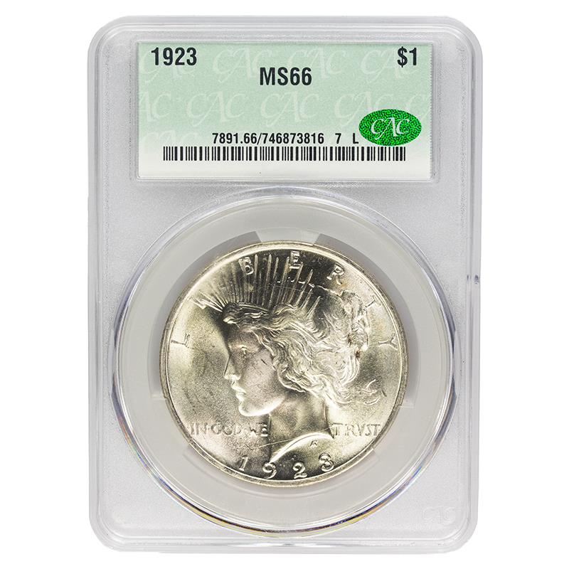 1923 Peace Silver Dollar, $1 CACG MS66, CAC Certified