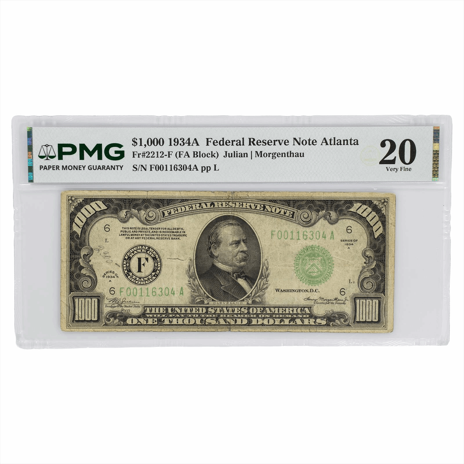 $1,000 1934A Federal Reserve Note Atlanta PMG VF20 