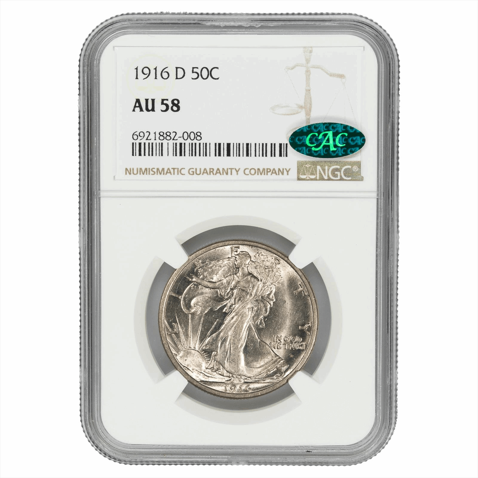 1916-D Walking Liberty Half Dollar 50c - NGC AU58 CAC