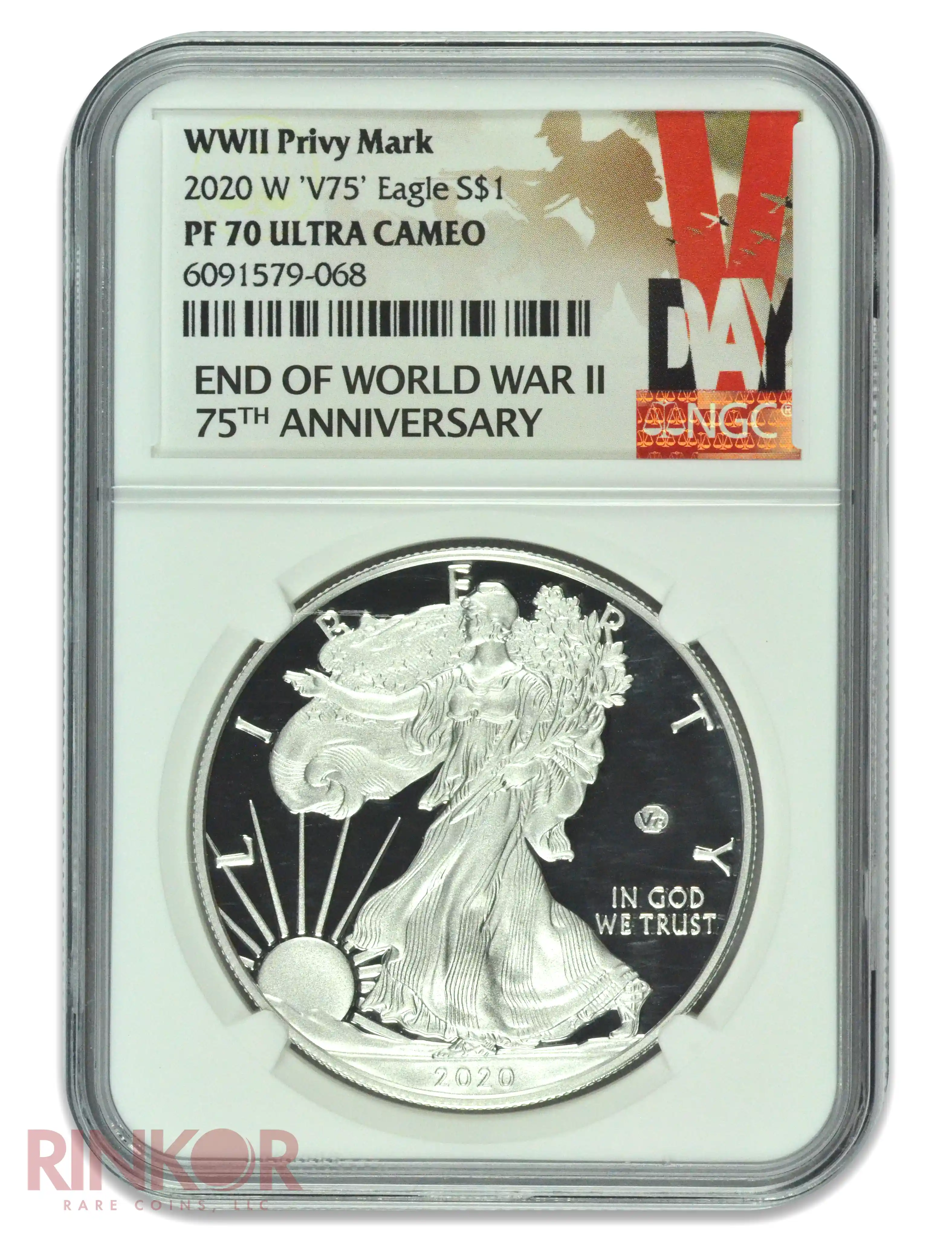 2020-W V75 WWII Privy Silver Eagle S$1 NGC PF 70
