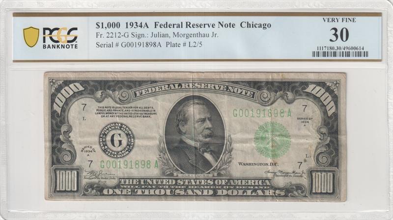 Fr. 2212-G 1934A $1,000 Federal Reserve Note Chicago PCGS VF30 