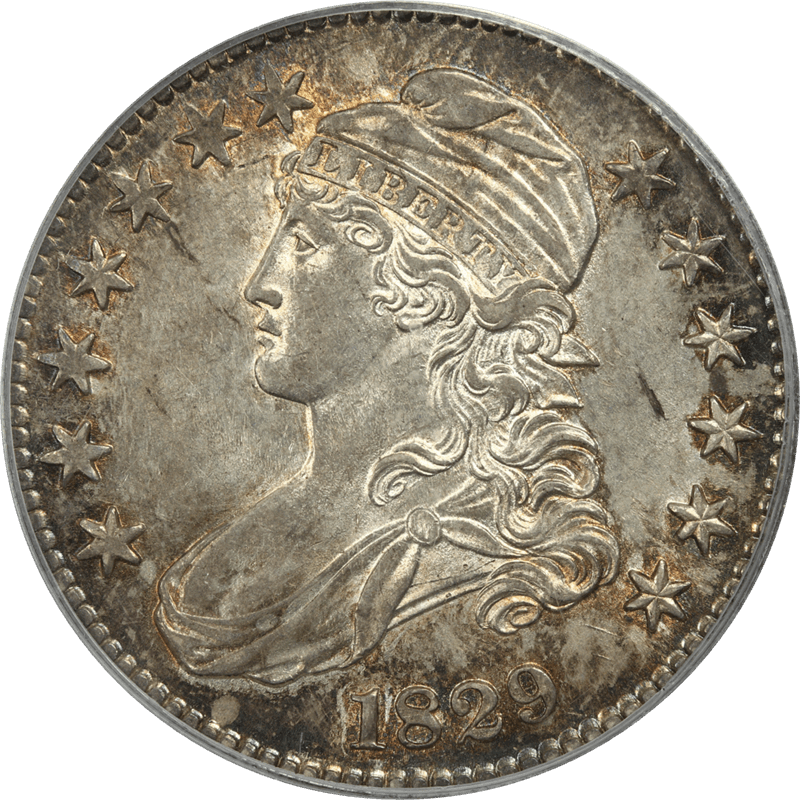 1829 Capped Bust Half Dollar 50c, PCGS AU 58 CAC - Old Green Holder, Nice Luster