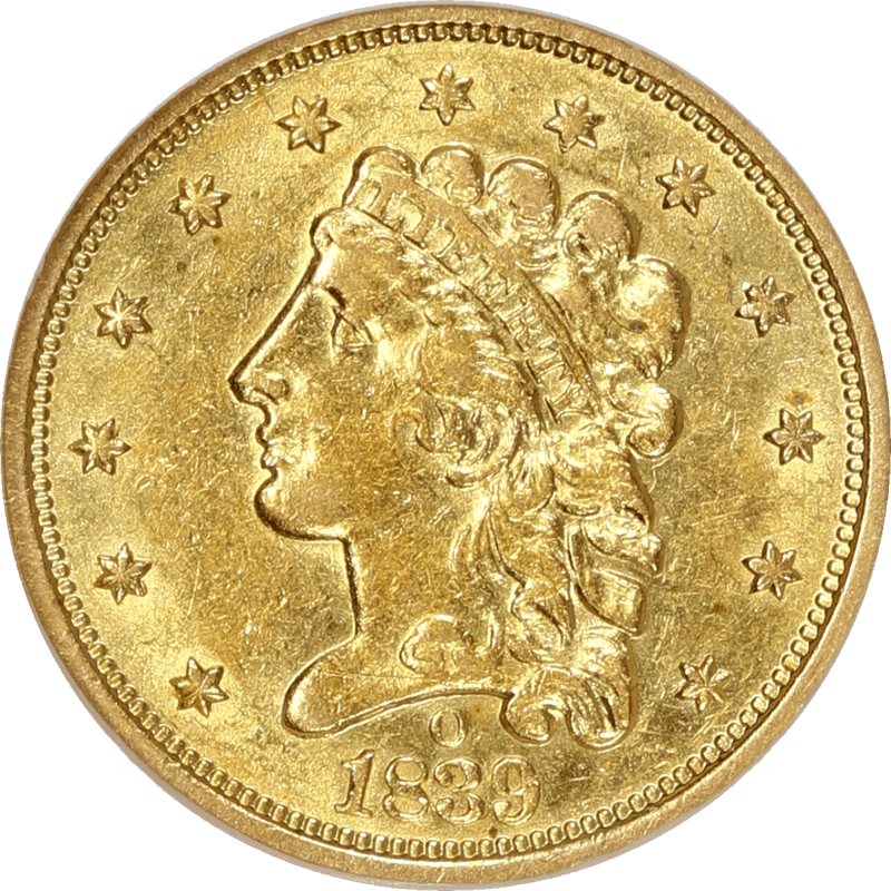 1839-O Classic Head $2 1/2 Gold Quarter Eagle NGC AU53 CAC - Mintmark on Obverse, Rare