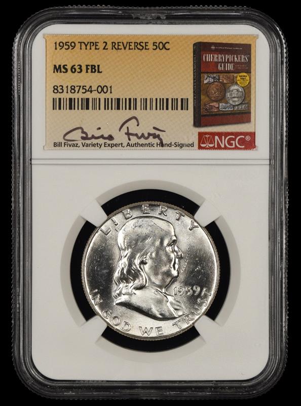 1959 P T2 Reverse Franklin Half Dollar FBL Bill Fivaz Signature Label NGC MS 63
