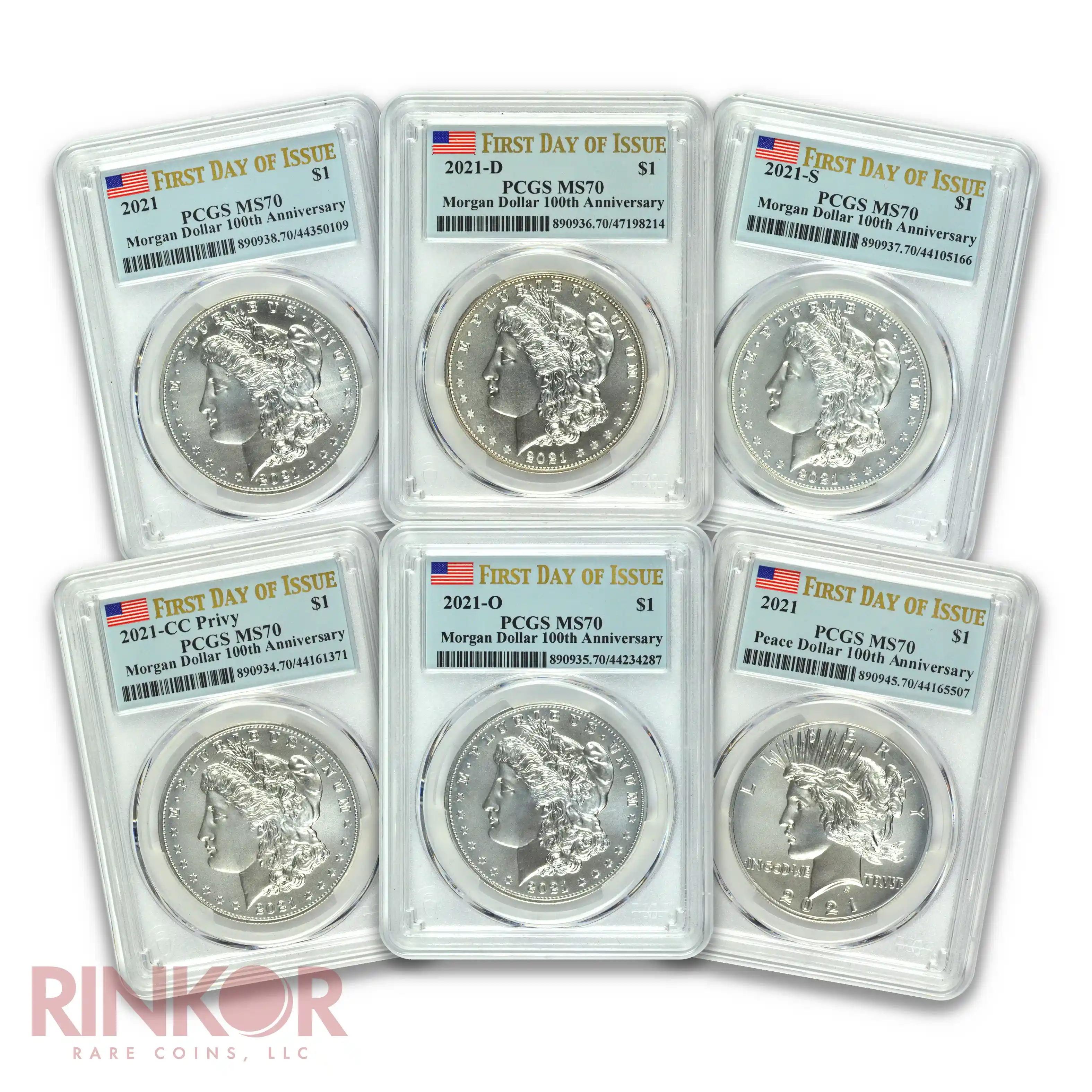 2021 $1 Morgan and Peace Dollar 6-Coin Set First Day of Issue Flag Label PCGS MS 70