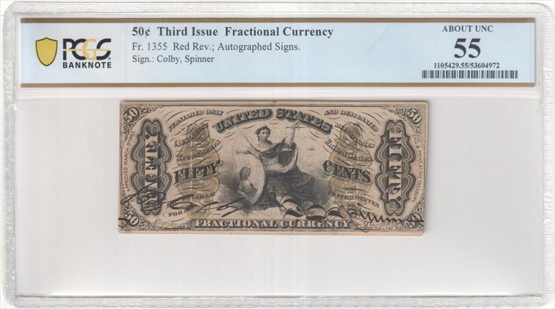 Fr. 1355 50 Cent Fractional Currency Third Issue PCGS AU55 Autograph Signatures 