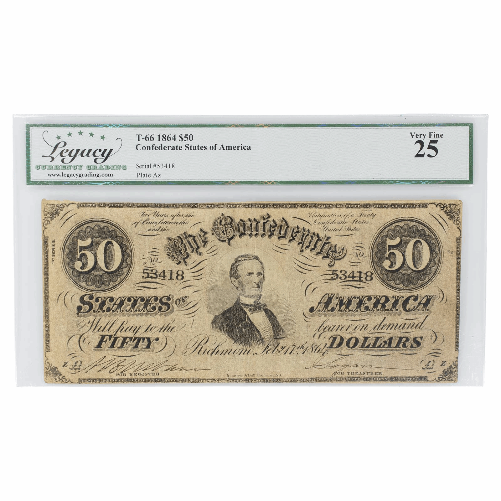 1864 Confederate States of America Note $50 T66 Legacy Very Fine 25