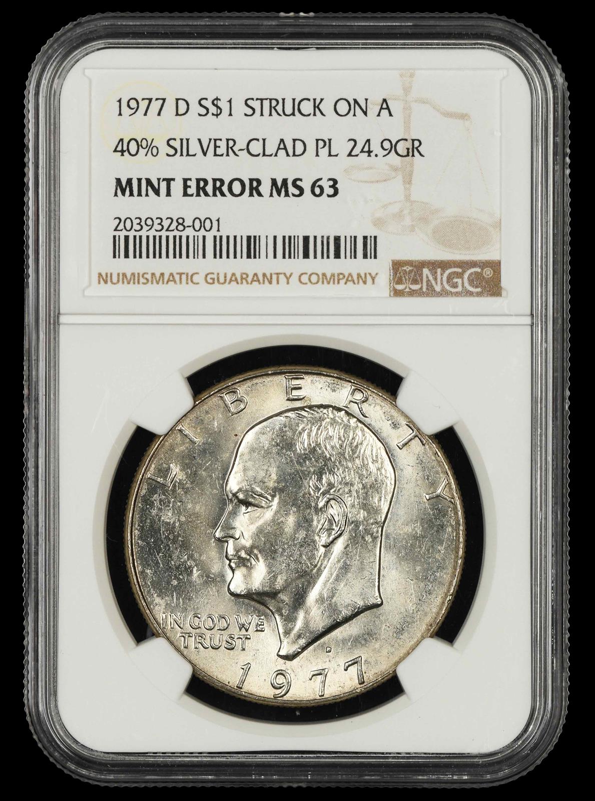1977 D $1 Mint Error Struck on 40% Silver Clad Planchet 24.9 Grams NGC MS 63