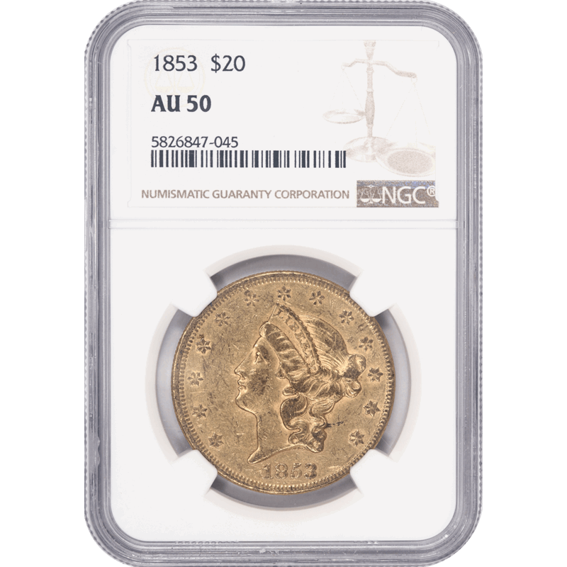 1853 Liberty $20 Gold Double Eagle NGC AU 50 - Nice Original Coin